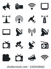 Set of vector isolated black icon - antenna vector, satellite, radio, loudspeaker, tv, video camera, wireless