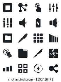 Set of vector isolated black icon - sorting vector, settings, touch screen, stop button, menu, folder, charge, application, pen, sound, social media