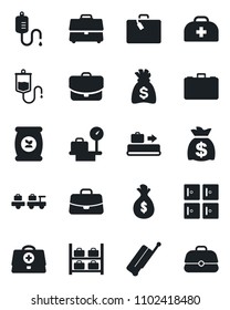 Set of vector isolated black icon - suitcase vector, baggage conveyor, larry, luggage storage, scales, checkroom, case, money bag, fertilizer, doctor, dropper