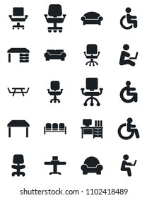 Set of vector isolated black icon - waiting area vector, disabled, office chair, desk, picnic table, cushioned furniture, restaurant, man with notebook