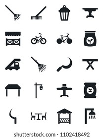 Set of vector isolated black icon - cafe vector, ladder car, rake, sickle, garden light, picnic table, fertilizer, bike, restaurant, alcove, outdoor lamp