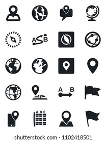 Set of vector isolated black icon - globe vector, seat map, navigation, earth, pin, mobile tracking, route, network, place tag, compass, flag