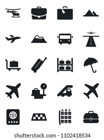Set of vector isolated black icon - plane vector, runway, taxi, suitcase, baggage trolley, airport bus, umbrella, passport, ladder car, helicopter, seat map, luggage storage, scales, mountains, case