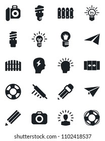 Set of vector isolated black icon - automatic door vector, brainstorm, bulb, camera, pencil, fence, rolling pin, energy saving, shining head, idea, paper plane, crisis management