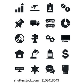 Set of vector isolated black icon - departure vector, gear, identity card, growth statistic, dollar sign, circle chart, pills, signpost, truck trailer, car delivery, dialog, paper pin, desk lamp