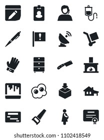 Set of vector isolated black icon - glove vector, saw, dropper, pregnancy, important flag, support, cargo, package, satellite antenna, archive chest, scanner, notes, pen, house with garage, knife