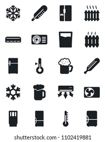 Set of vector isolated black icon - thermometer vector, heater, air conditioner, fridge, drink, beer, snowflake