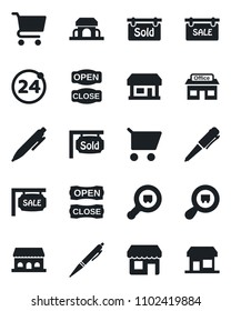 Set of vector isolated black icon - 24 around vector, pen, store, search cargo, sale, sold signboard, cafe building, open close, cart, storefront