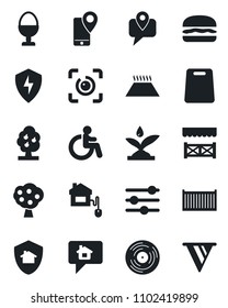 Set Of Vector Isolated Black Icon - Disabled Vector, Mobile Tracking, Cargo Container, Vinyl, Protect, Tuning, Eye Id, Fruit Tree, Egg Stand, Alcove, Hamburger, Cutting Board, Home Control, Message