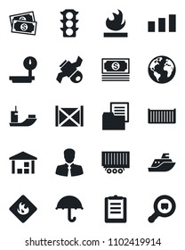 Set of vector isolated black icon - earth vector, satellite, cash, traffic light, client, sea shipping, truck trailer, cargo container, clipboard, folder document, umbrella, warehouse, sorting