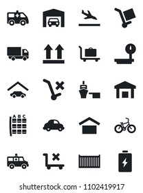 Set of vector isolated black icon - arrival vector, baggage trolley, seat map, ambulance car, bike, cargo container, delivery, sea port, warehouse storage, up side sign, no, heavy scales, garage