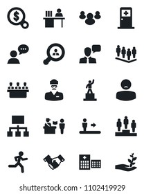 Set of vector isolated black icon - passport control vector, escalator, medical room, handshake, pedestal, team, run, hospital, doctor, patient, speaker, group, manager desk, meeting, client search