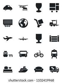Set of vector isolated black icon - baggage conveyor vector, airport bus, train, waiting area, fork loader, plane, helicopter, bike, earth, sea shipping, truck trailer, car delivery, port, container