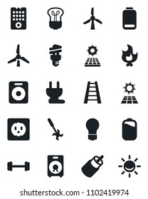 Set of vector isolated black icon - bulb vector, ladder, fire, ripper, barbell, speaker, low battery, rca, sun panel, windmill, socket, power plug, remote control, energy saving, alarm led