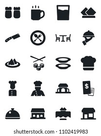 Set of vector isolated black icon - spoon and fork vector, cafe, coffee, cook, dish, restaurant table, serviette, hat, drink, plates, waiter, salt pepper, building, receipt, knife, sushi, storefront