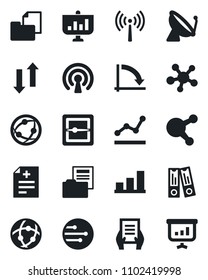 Set of vector isolated black icon - antenna vector, satellite, office binder, crisis graph, document, diagnosis, folder, network, share, scanner, data exchange, bar, point, wireless, presentation