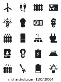 Set of vector isolated black icon - bulb vector, ripper, low battery, rca, heater, air conditioner, fridge, power plug, water, radiator, warm floor, energy saving, windmill, idea