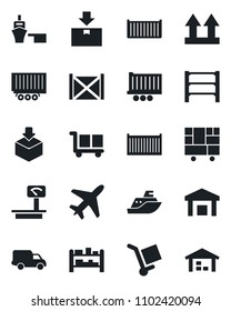 Set of vector isolated black icon - plane vector, sea shipping, truck trailer, cargo container, car delivery, port, consolidated, up side sign, warehouse, package, heavy scales, rack