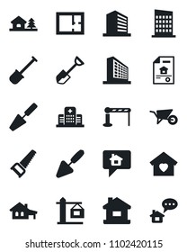 Set of vector isolated black icon - barrier vector, office building, trowel, shovel, wheelbarrow, saw, hospital, house, with garage, tree, plan, estate document, sweet home, city, crane, message