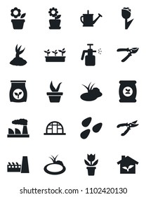 Set of vector isolated black icon - factory vector, flower in pot, seedling, watering can, sproute, pruner, greenhouse, seeds, pond, garden sprayer, fertilizer, tulip, eco house