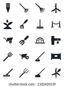 Set of vector isolated black icon - fence vector, garden fork, farm, rake, wheelbarrow, hoe, plant label, greenhouse, drip irrigation, windmill
