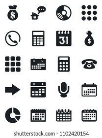 Set of vector isolated black icon - right arrow vector, calendar, circle chart, microphone, menu, calculator, phone, home message, money bag