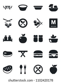 Set of vector isolated black icon - spoon and fork vector, picnic table, cafe, menu, salad, salt pepper, steak, hamburger, bowl, sushi, apple fruit