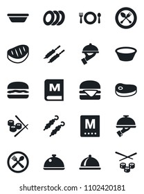 Set of vector isolated black icon - spoon and fork vector, dish, cafe, menu, plates, waiter, steak, kebab, hamburger, bowl, sushi