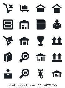 Set of vector isolated black icon - baggage trolley vector, fragile, cargo, warehouse storage, up side sign, no, hook, package, search, scanner, blank box