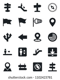 Set of vector isolated black icon - elevator vector, escalator, signpost, left arrow, wind, radar, route, pin, download, place tag, compass, flag, guidepost