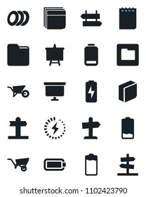 Set of vector isolated black icon - signpost vector, notepad, presentation board, wheelbarrow, battery, low, folder, charge, blank box, plates, guidepost