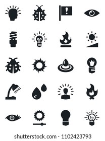 Set of vector isolated black icon - bulb vector, lady bug, fire, sun, eye, important flag, brightness, desk lamp, water, energy saving, shining head, idea