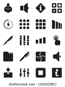 Set of vector isolated black icon - package vector, sorting, settings, touch screen, stop button, menu, folder, charge, application, pen, sound, information