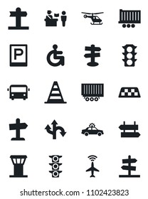 Set of vector isolated black icon - airport tower vector, plane radar, taxi, bus, parking, passport control, signpost, alarm car, border cone, helicopter, disabled, route, traffic light, guidepost