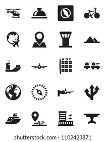 Set of vector isolated black icon - airport tower vector, reception bell, baggage larry, plane, boarding, helicopter, seat map, globe, building, bike, route, navigation, earth, pin, sea shipping