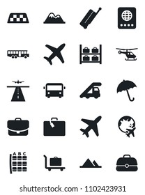 Set of vector isolated black icon - plane vector, runway, taxi, suitcase, baggage trolley, airport bus, umbrella, passport, ladder car, helicopter, seat map, luggage storage, globe, mountains, case