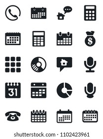 Set of vector isolated black icon - calendar vector, circle chart, microphone, menu, calculator, phone, home message, money bag