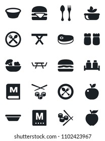 Set of vector isolated black icon - spoon and fork vector, picnic table, cafe, menu, salad, salt pepper, steak, hamburger, bowl, sushi, apple fruit