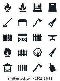 Set of vector isolated black icon - fence vector, tree, saw, fire, hoe, axe, abacus, table, alcove, cutting board