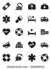 Set of vector isolated black icon - hose vector, heart pulse, doctor case, patch, ambulance star, car, hospital bed, loudspeaker, torch, crisis management