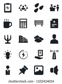 Set of vector isolated black icon - antenna vector, passport control, clouds, document, bench, seeds, diagnosis, pulse clipboard, paper pin, gallery, user, charge, coffee, hr, calculator, waiter