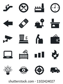 Set of vector isolated black icon - spoon and fork vector, escalator, baby room, left arrow, luggage scales, airport building, fire, fireplace, patch, sorting, laptop pc, eye id, clock, target, idea