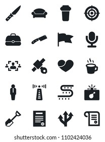 Set of vector isolated black icon - antenna vector, waiting area, bomb in case, manager, shovel, drip irrigation, route, satellite, microphone, heart, coffee, hr, target, contract, knife, flag