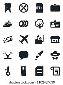 Set of vector isolated black icon - coffee machine vector, identity card, case, document, tree, dropper, caries, store, plane, sea shipping, route, message, estate, cafe, drink, plates, dress code