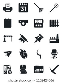 Set of vector isolated black icon - barrier vector, office chair, binder, notepad, farm fork, fence, rake, sickle, term, flame disk, stopwatch, calendar, drawing pin, printer, book, factory, rolling
