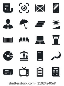 Set of vector isolated black icon - airport tower vector, umbrella, tv, waiting area, ticket, notebook pc, well, sickle, client, cargo container, news, mobile, phone back, brightness, eye id