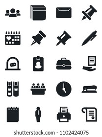 Set of vector isolated black icon - ticket office vector, manager, pen, notepad, document, meeting, drawing pin, medical calendar, paper, clock, blank box, printer, book, stapler, mail, pass card