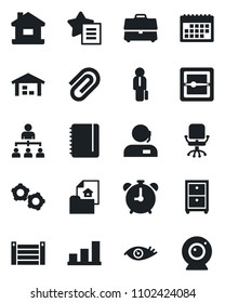 Set of vector isolated black icon - alarm clock vector, gear, hierarchy, office chair, notepad, eye, container, favorites list, scanner, calendar, case, paper clip, bar graph, support, archive box
