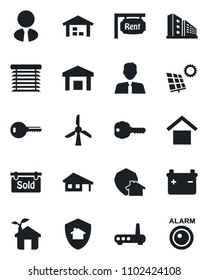 Set of vector isolated black icon - warehouse storage vector, house with garage, sun panel, rent, sold signboard, office building, estate agent, key, eco, router, jalousie, home protect, windmill