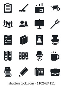 Set of vector isolated black icon - office chair vector, team, farm fork, rake, wheelbarrow, group, clipboard, coffee, presentation board, identity card, phone, blank box, checklist, paper binder